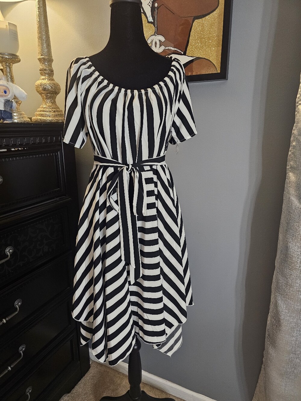 SHEIN Black and White Striped High-Low Belted Dress